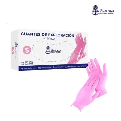 GUANTES ROSAS DE NITRILO MEDIANO CON 100 PIEZAS ANELSAM