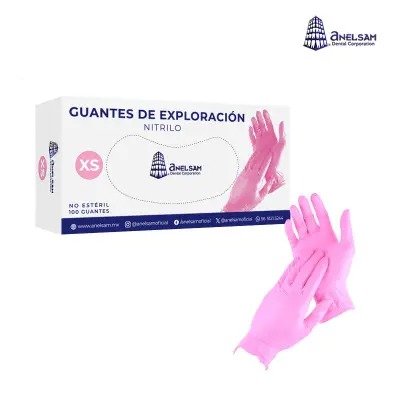 GUANTES ROSAS DE NITRILO EXTRACHICO CON 100 PIEZAS ANELSAM